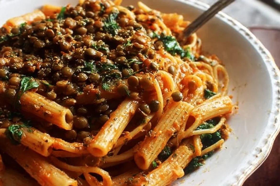 Bowl of homemade Lentil Tahini Pasta topped with fresh herbs.