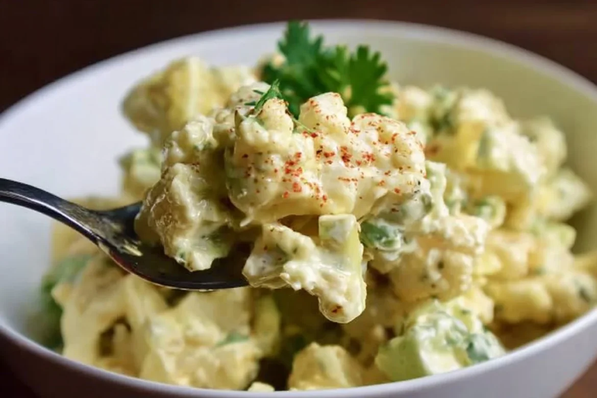 Low carb cauliflower potato salad served in a bowl with fresh herbs