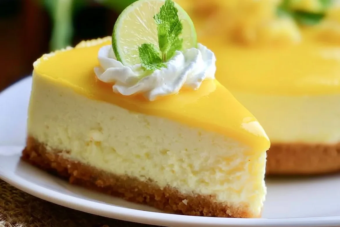 Mango Key Lime Cheesecake topped with fresh mango and lime zest
