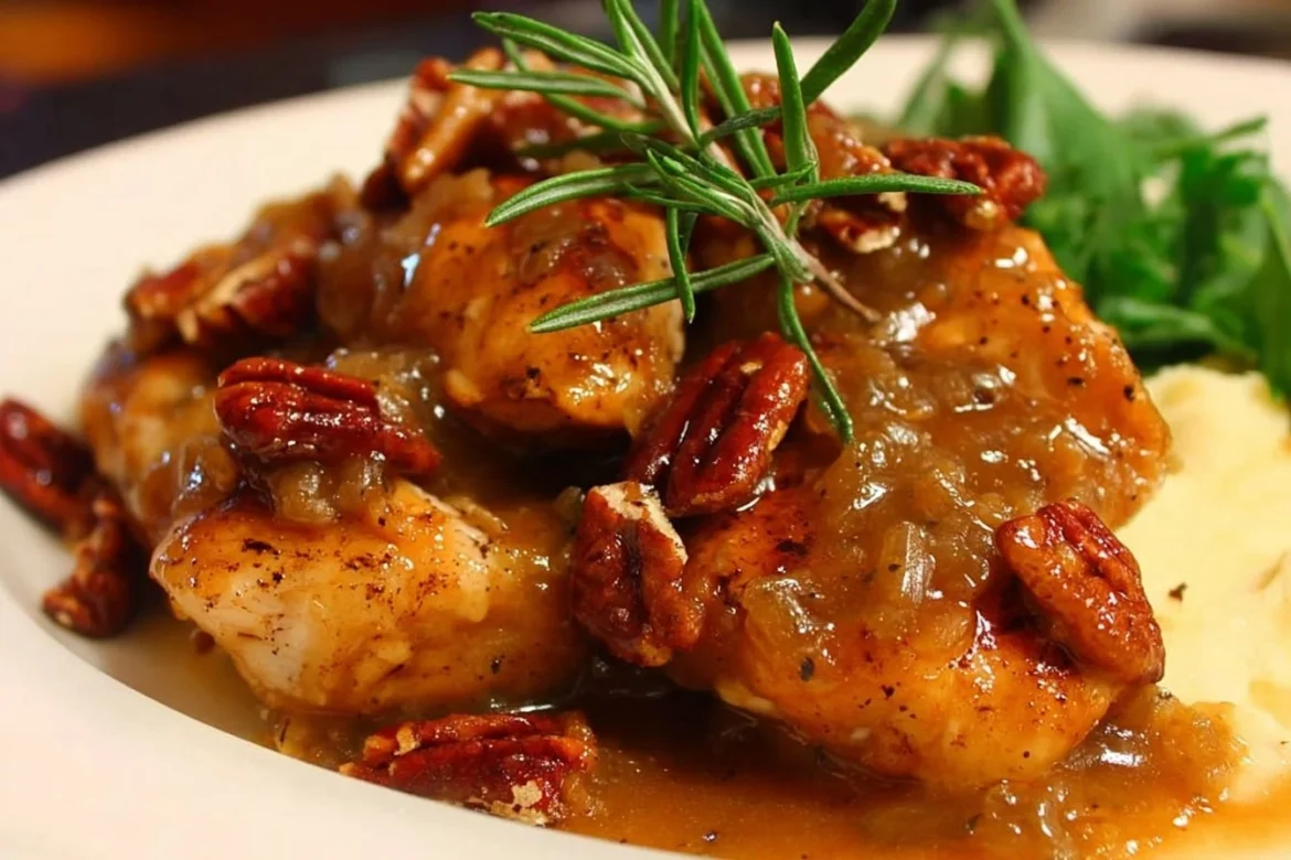 A delicious serving of Maple Bourbon Pecan Chicken garnished with pecans.