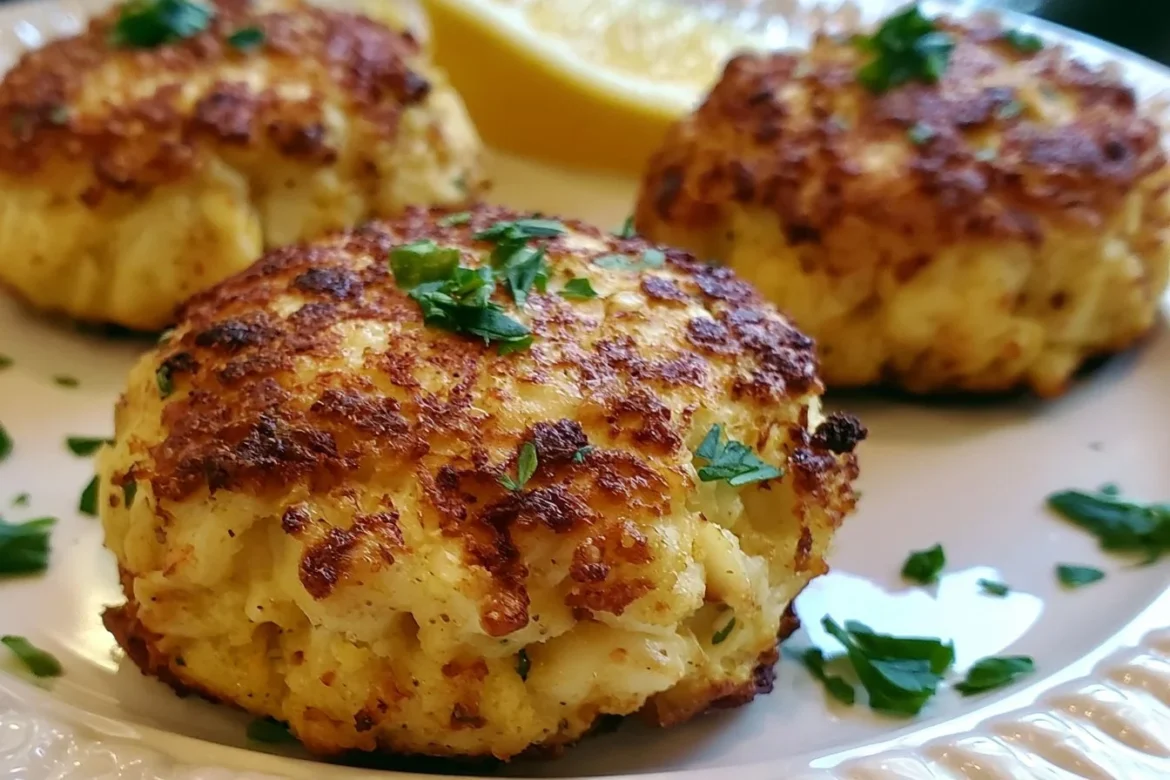 Delicious Maryland crab cakes served with sauce and garnishes