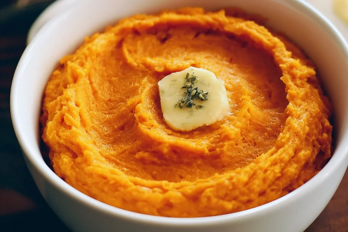 Creamy mashed sweet potatoes served in a bowl with a garnish of herbs.