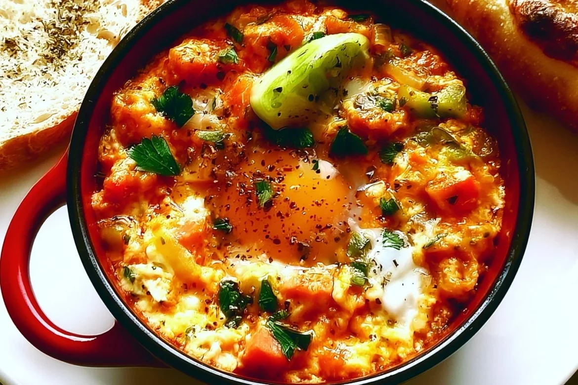 Delicious Menemen Turkish egg scramble with tomatoes and peppers