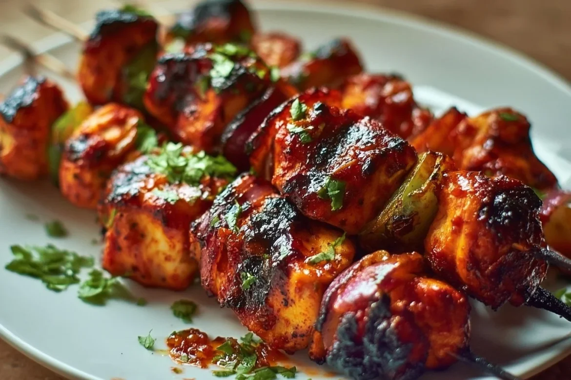 Mexican barbecue chicken skewers served on a platter