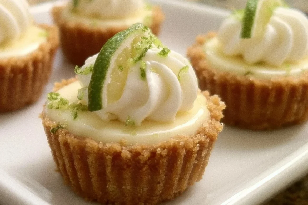 Mini key lime pies garnished with slices of lime on a plate