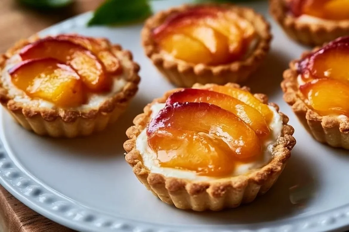 Mini Peach and Cream Cheese Tarts on a plate, garnished with fresh peach slices.