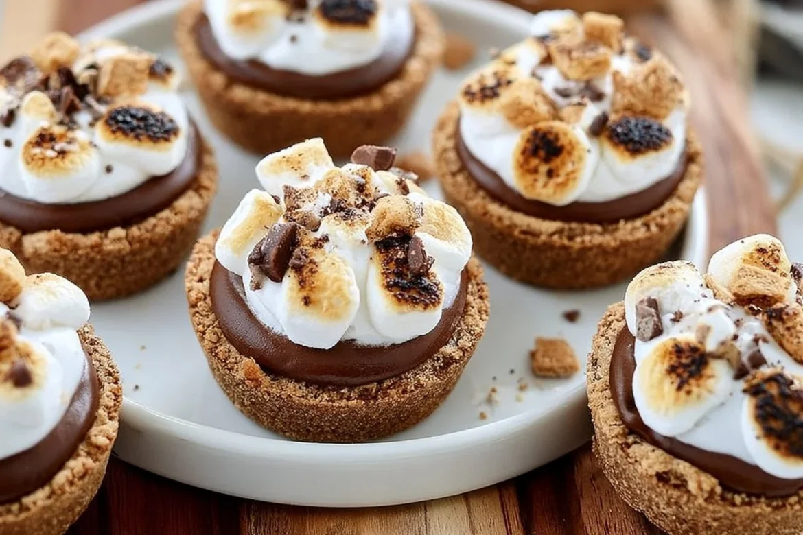 Mini S'mores Pies filled with chocolate and marshmallow on a graham cracker crust.