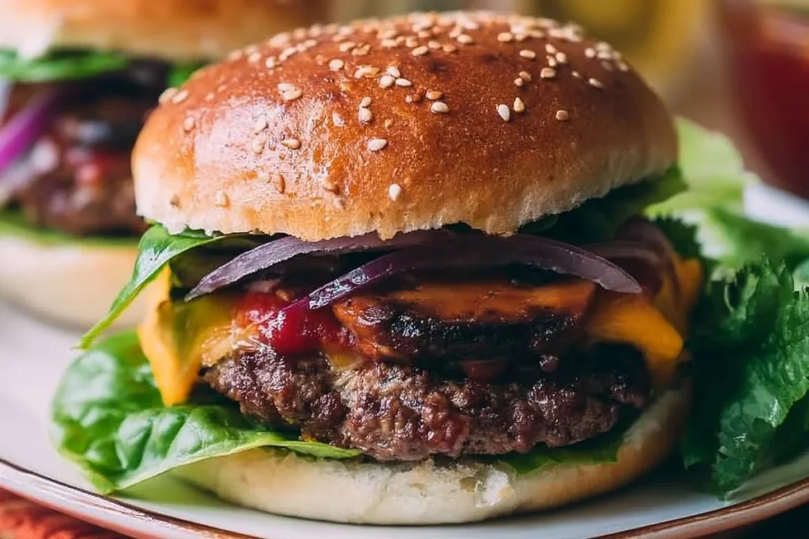 Mushroom Beef Burgers served with fresh toppings on a plate