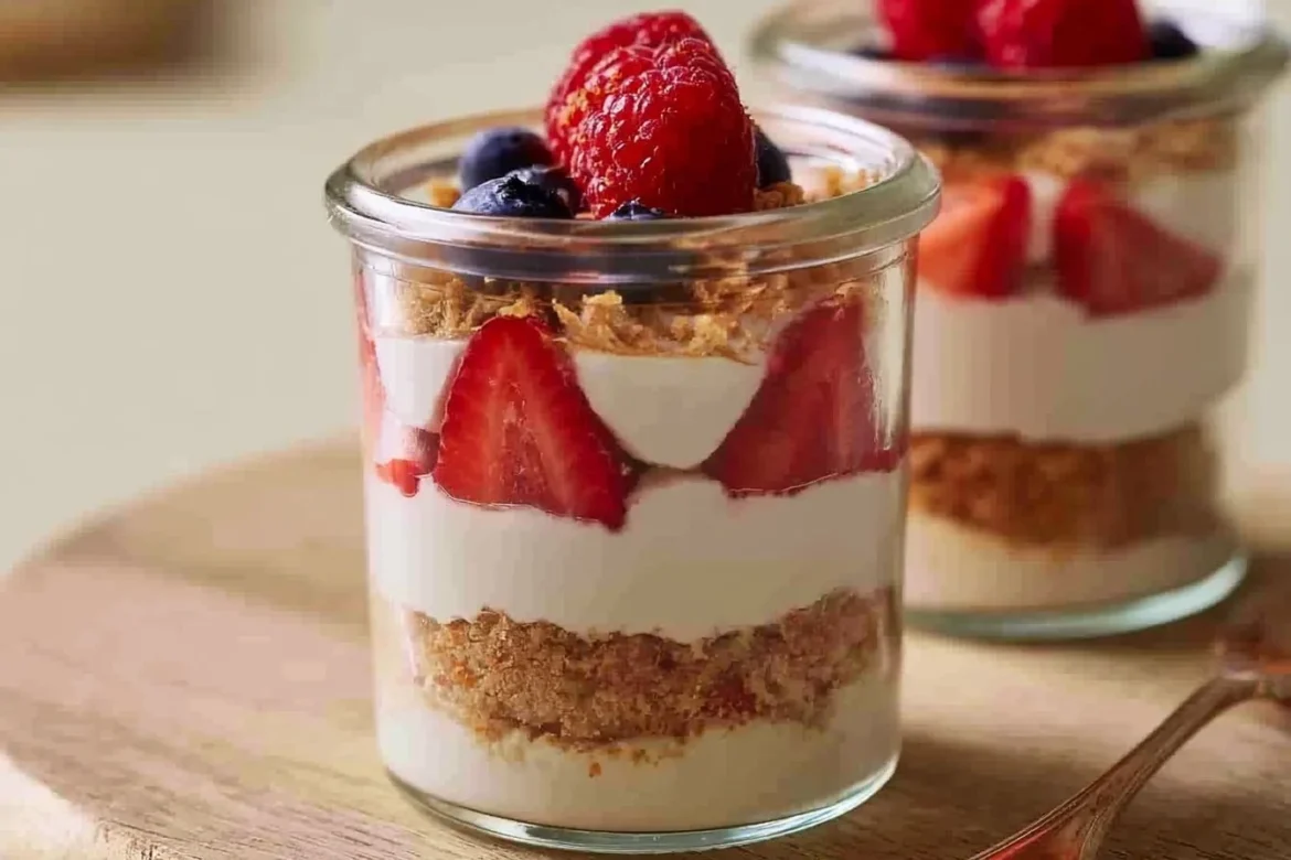 No-bake high protein cheesecake jars topped with fresh berries