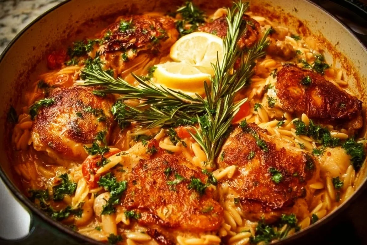 Delicious one pot lemon chicken with orzo on a plate