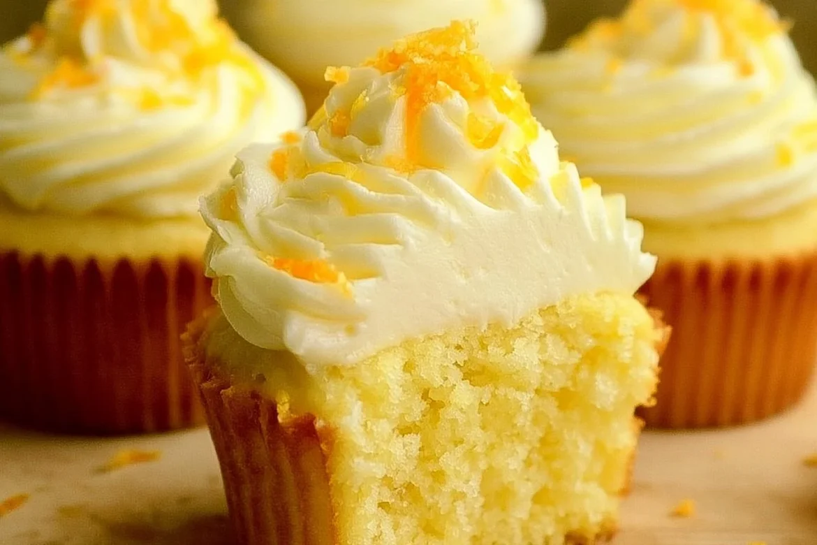 Delicious orange cream cupcakes with creamy frosting topped with zest