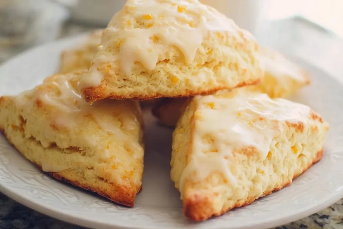 Delicious orange cream scones freshly baked and topped with a sweet glaze.