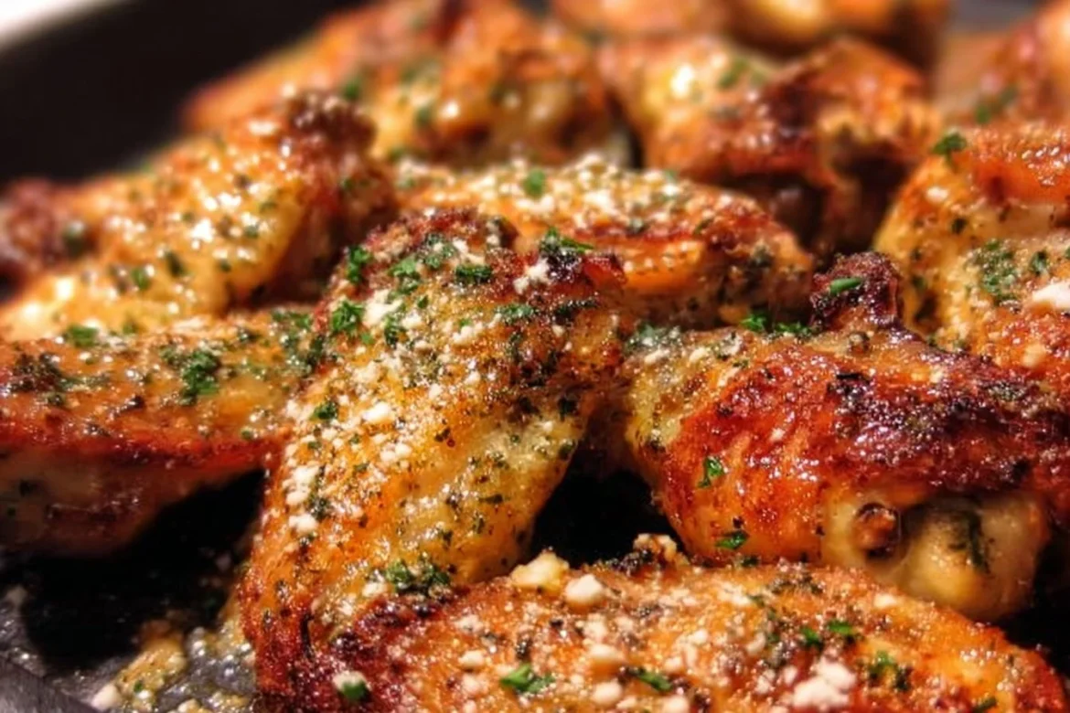 Oven-roasted garlic parmesan wings served on a platter with dipping sauce.