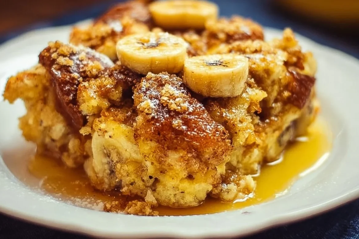 Delicious overnight baked banana french toast casserole topped with syrup and bananas