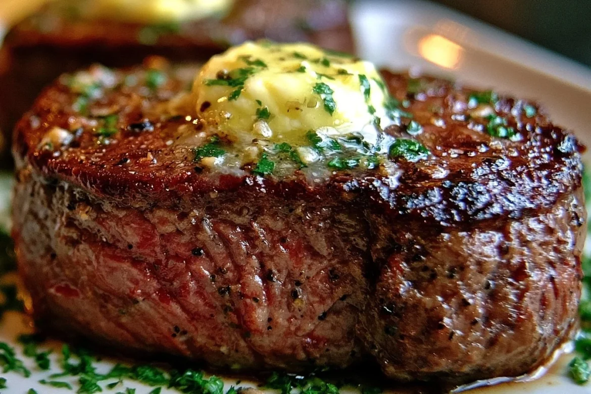Delicious pan seared steak topped with garlic butter on a wooden cutting board