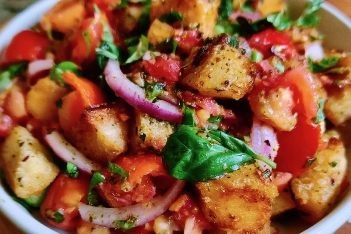 Panzanella bread salad with tomatoes, onions, and basil in a serving bowl.