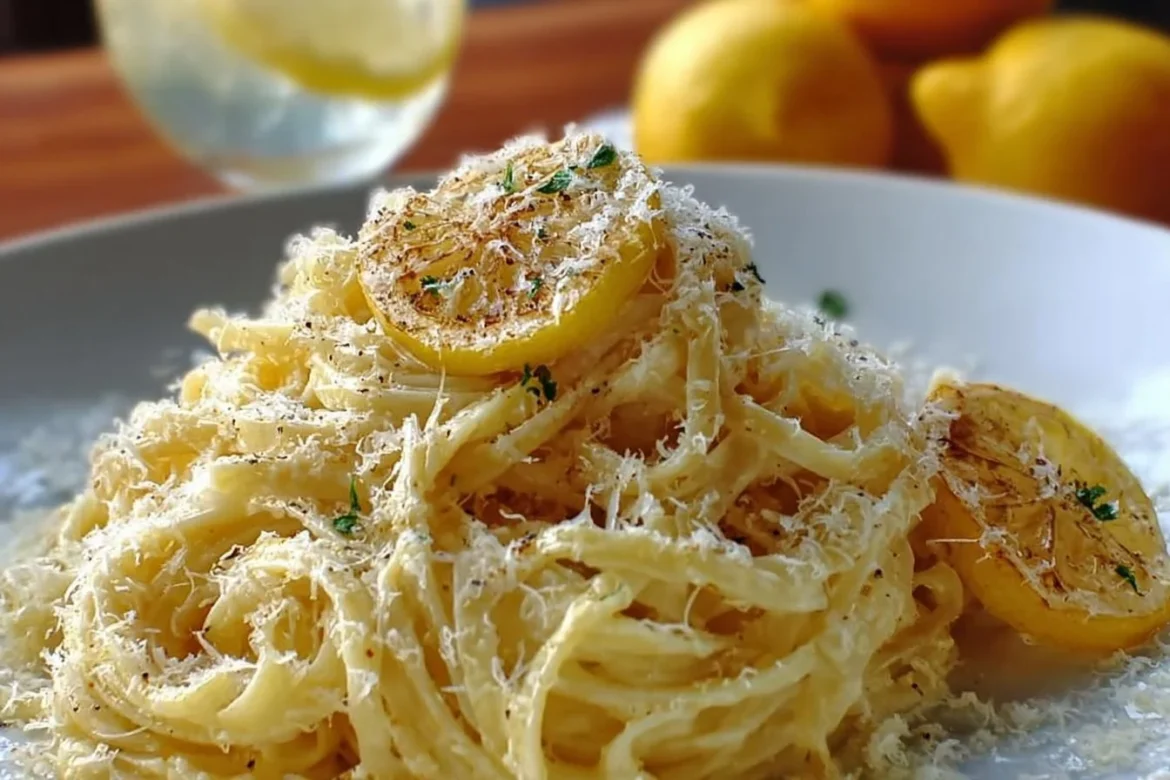 A bowl of Parmesan Lemon Pasta garnished with lemon slices and herbs.