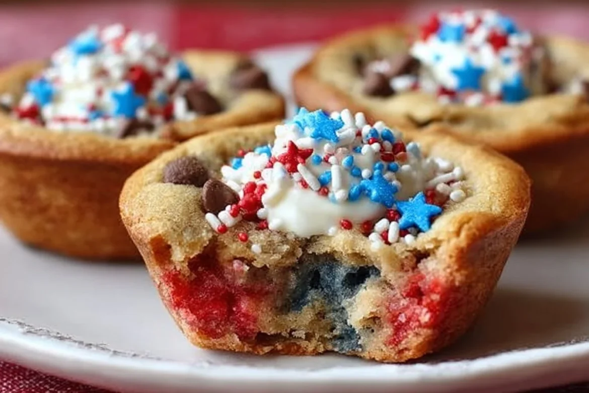 Patriotic Chocolate Chip Cookie Cups with red, white, and blue decorations