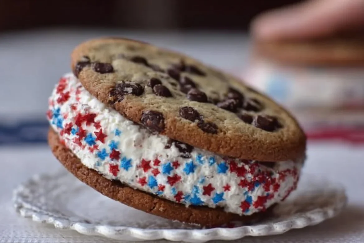 Patriotic ice cream cookie sandwich featuring red, white, and blue colors.