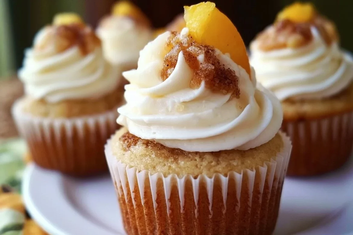 Delicious Peach Cobbler Cupcakes topped with peach slices and cinnamon