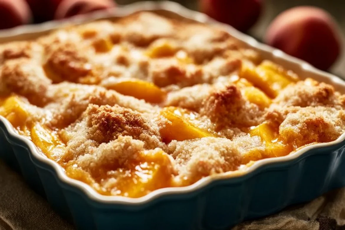 Delicious Peach Cobbler topped with a golden crust, made with canned peaches.