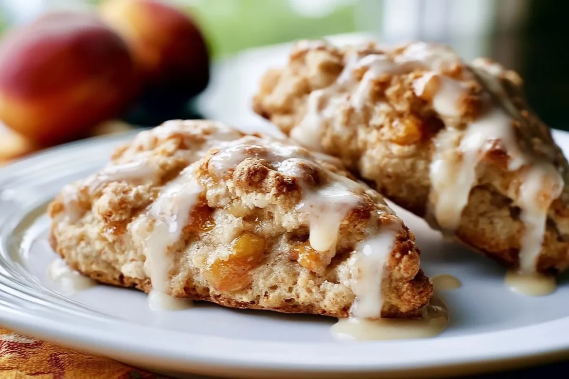 Peach scones topped with honey vanilla glaze on a rustic table