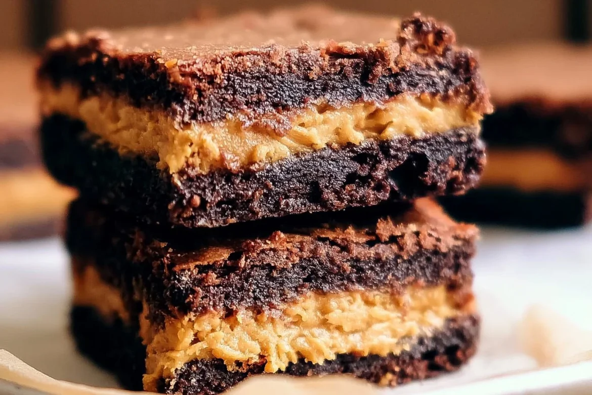 Peanut butter stuffed brownies topped with chocolate drizzle