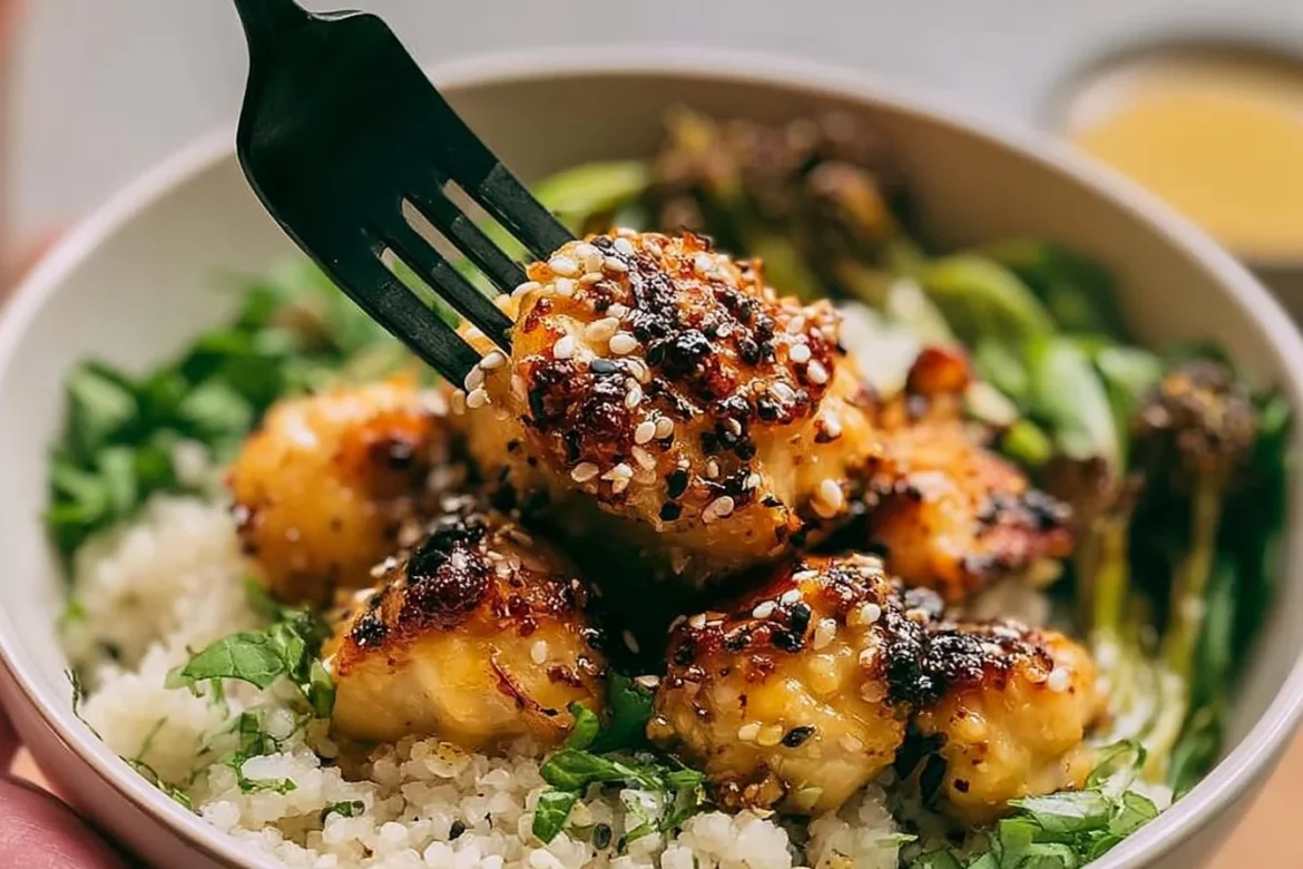 Delicious honey mustard chicken bowls with vibrant vegetables and grains.