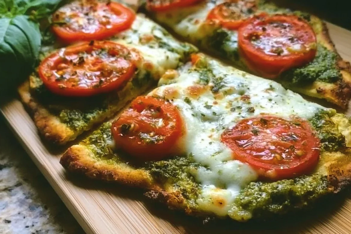 Homemade pesto flatbread pizza topped with fresh ingredients and cheese