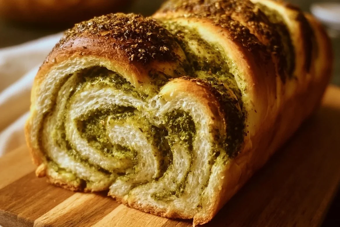 Freshly baked Pesto Swirl Bread with a vibrant green pesto filling.