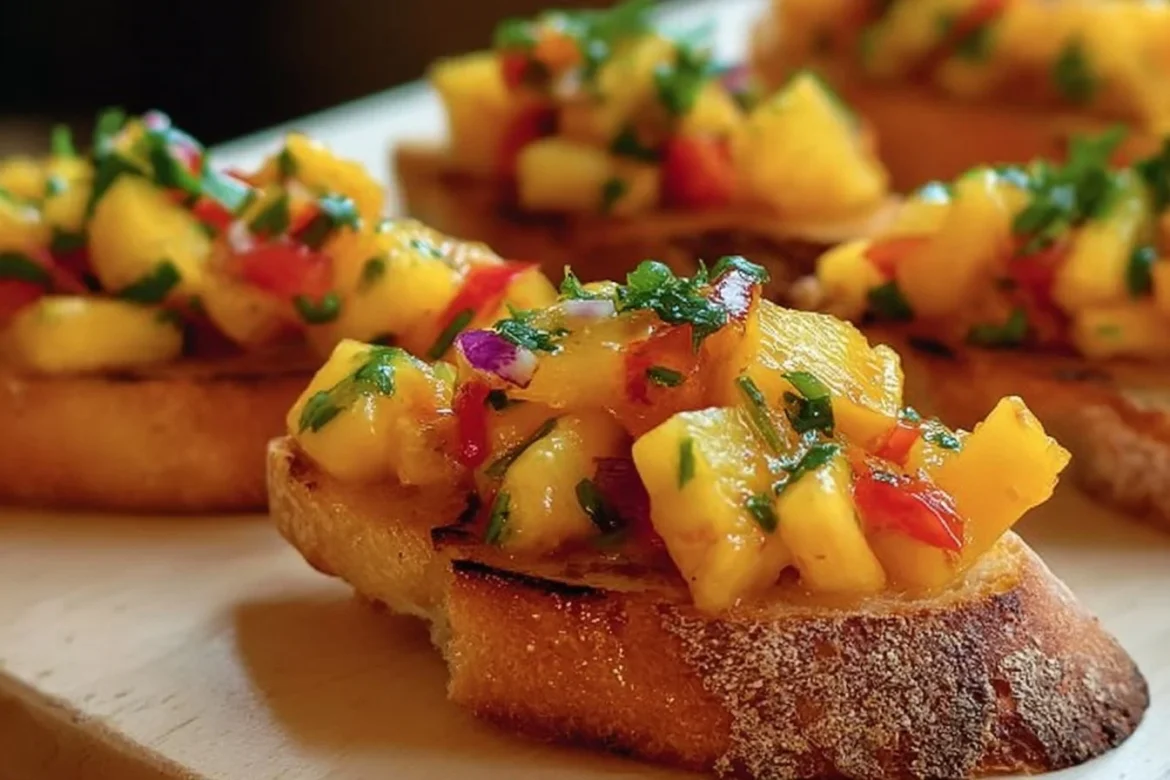 Delicious Pineapple Mango Bruschetta topped with fresh ingredients