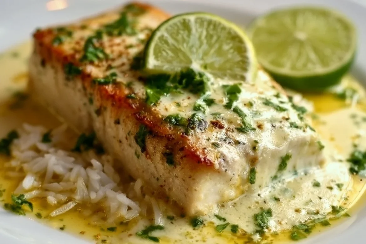 Poached Mahi Mahi with Coconut Lime Sauce served on a plate