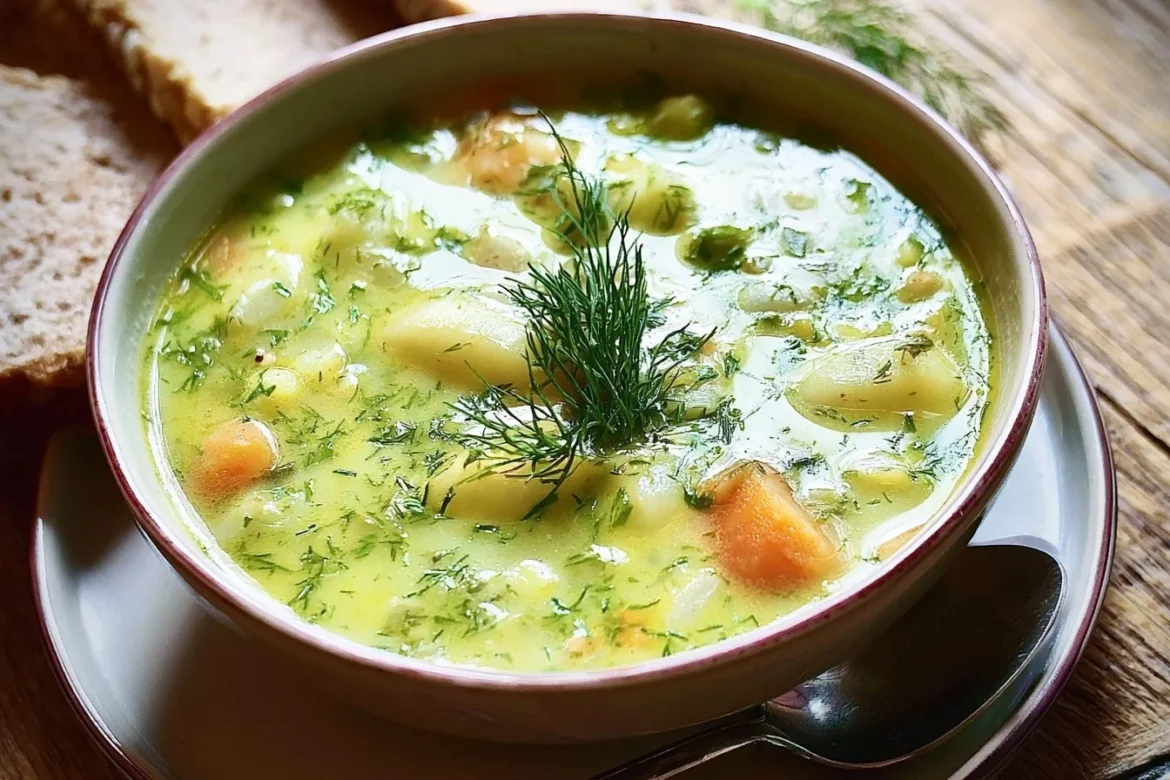 Bowl of Polish dill soup garnished with fresh dill and served with bread.