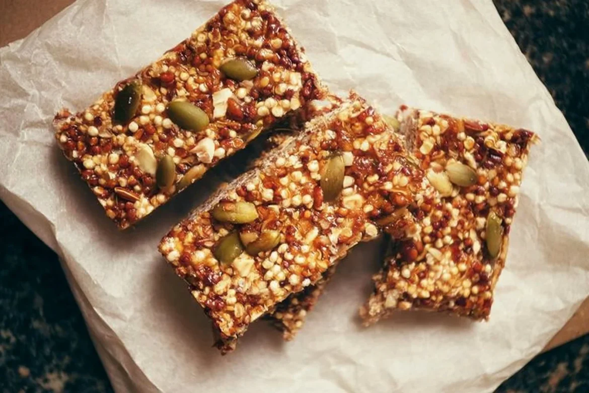 Homemade quinoa granola bars with nuts and fruits.