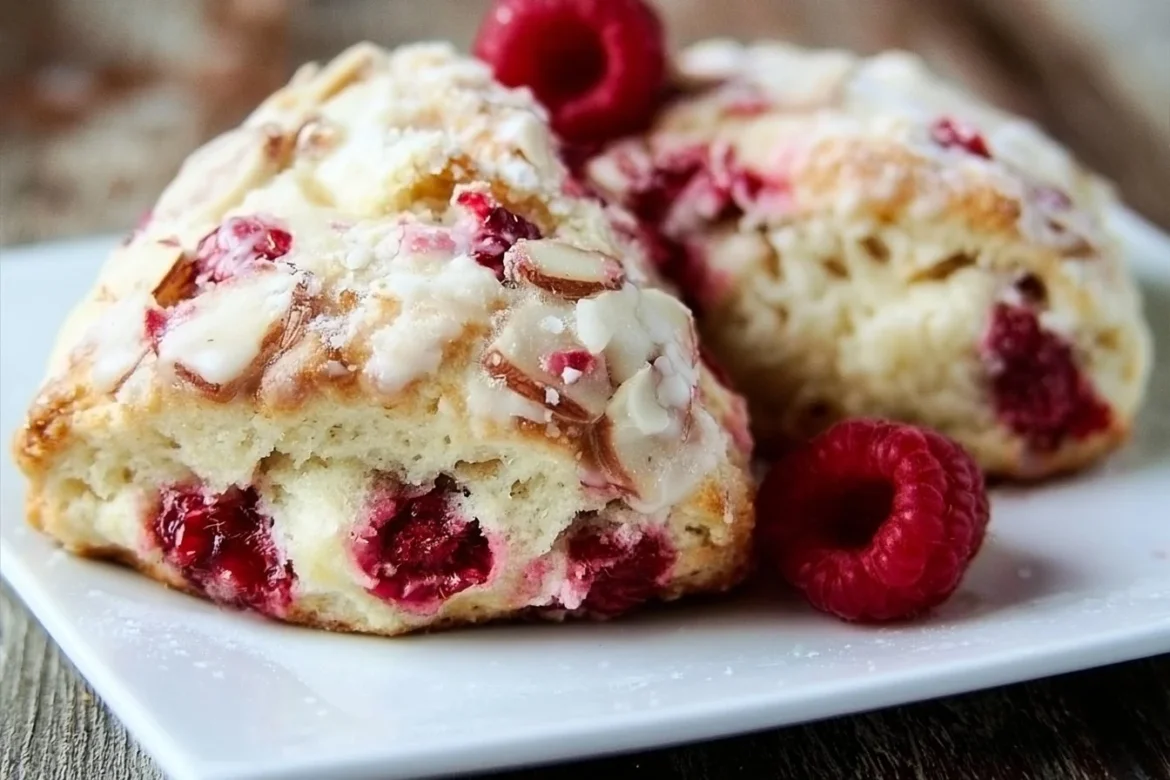 Freshly baked Raspberry Almond Scones with raspberries and almonds on a plate.
