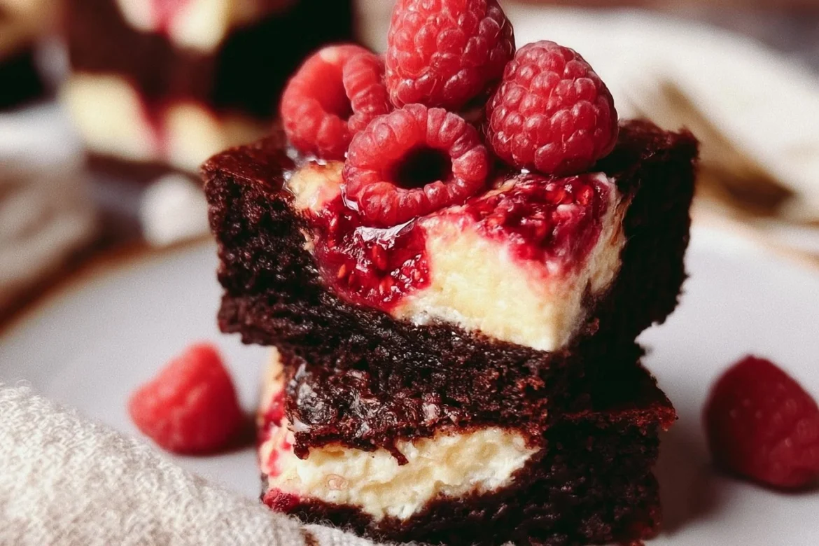 Delicious Raspberry Cheesecake Brownies topped with fresh raspberries.