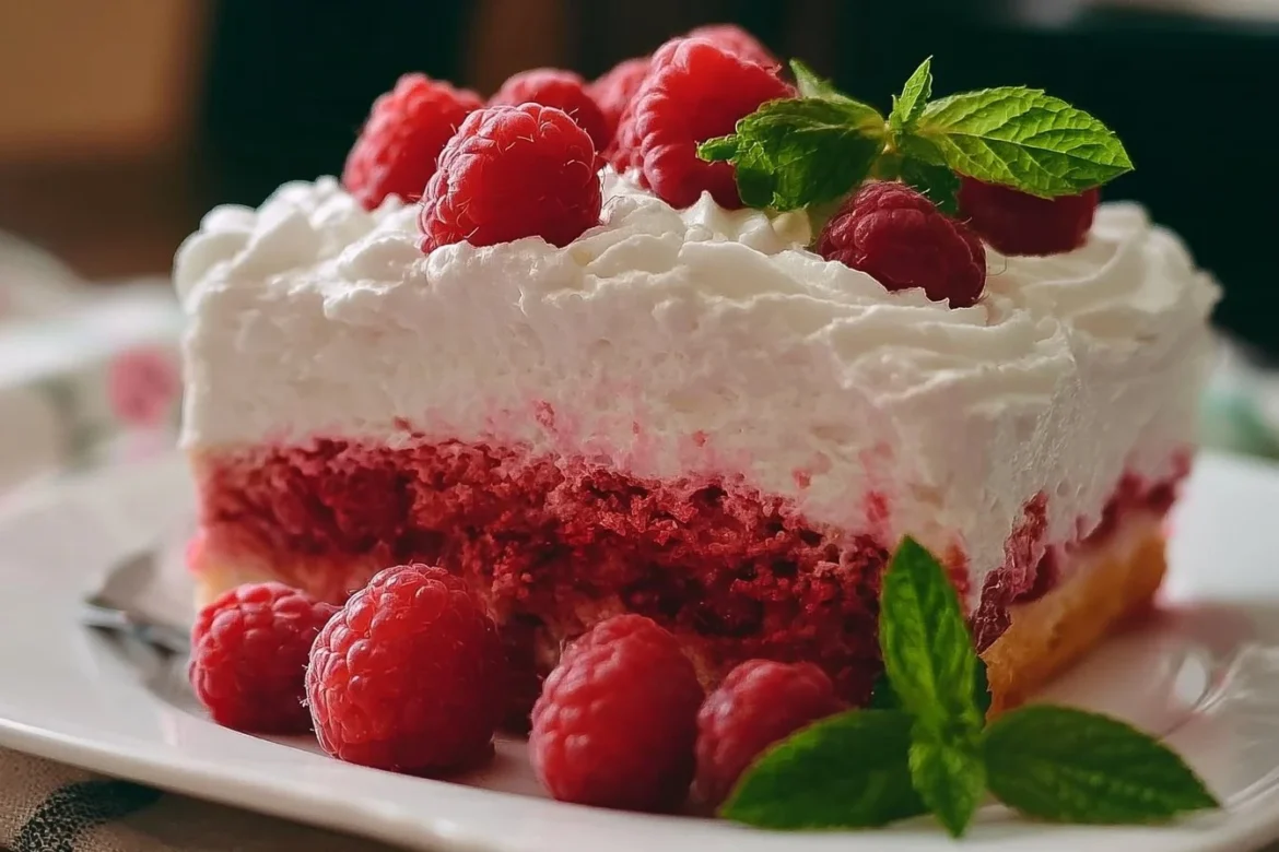 Slice of delicious Raspberry Fluff Cake topped with fresh raspberries and whipped cream