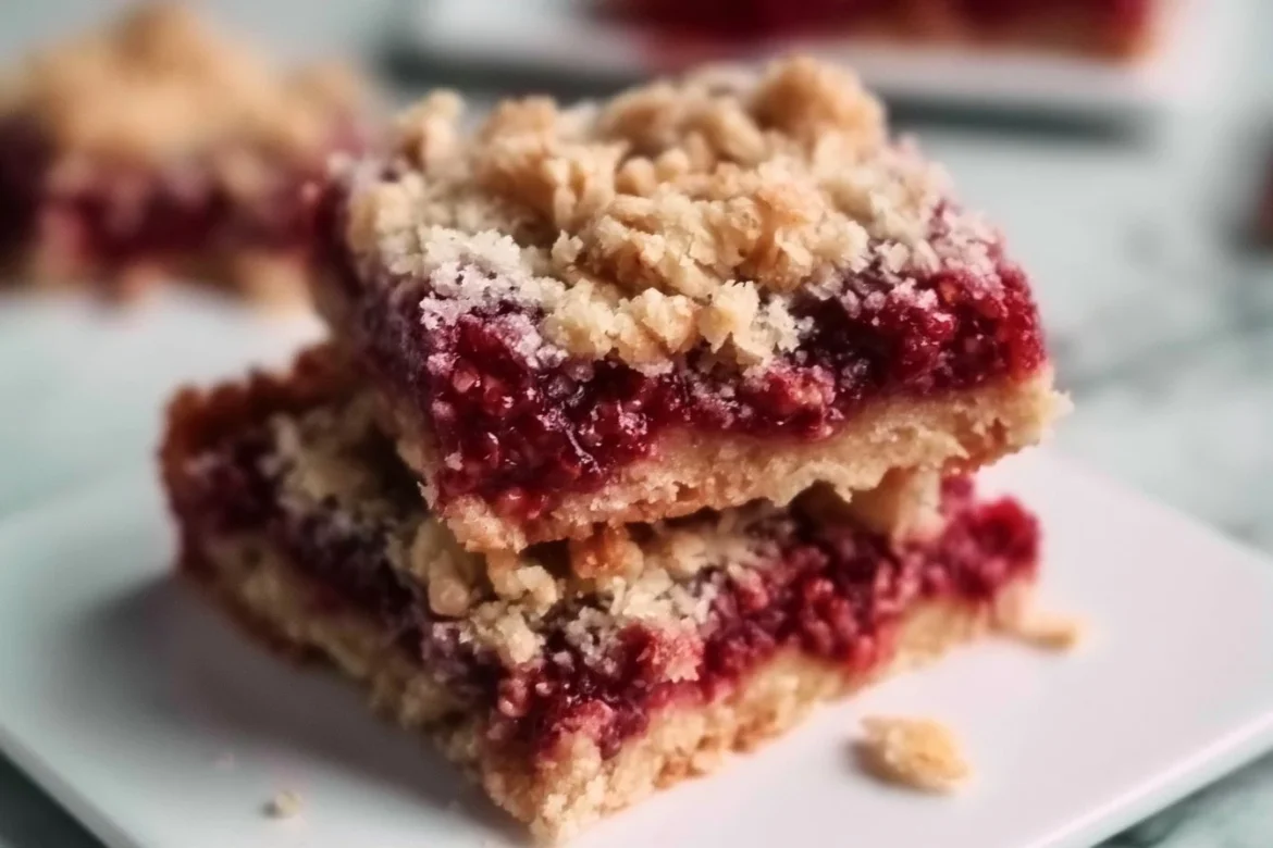 Homemade Raspberry Oatmeal Crumble Bars topped with a crumbly oat topping.