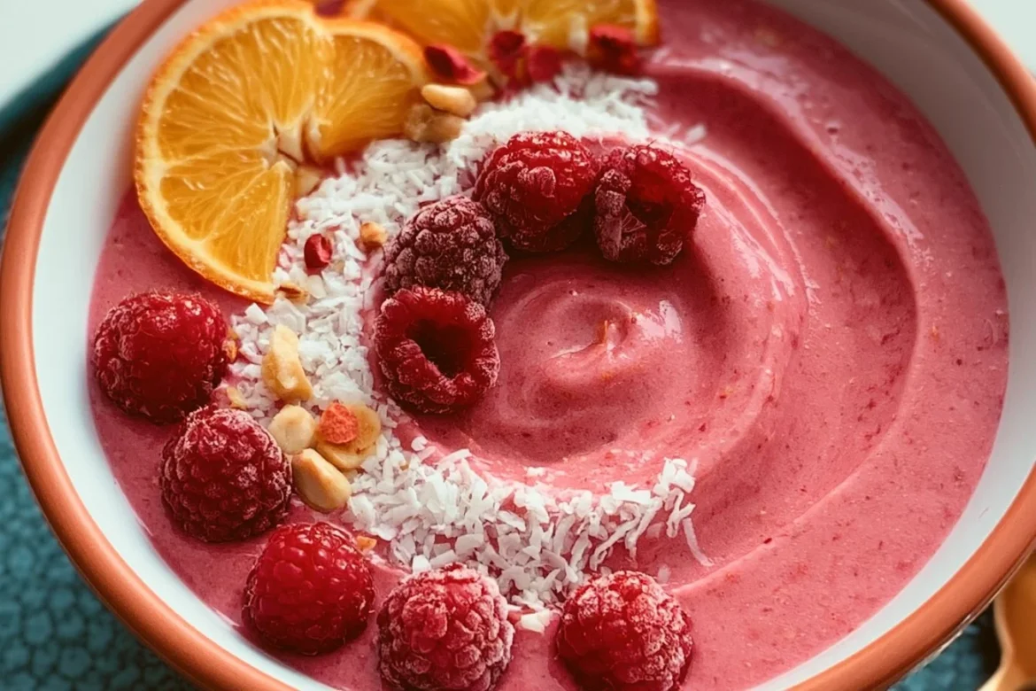 Raspberry Orange Smoothie Bowl topped with fresh raspberries and oranges