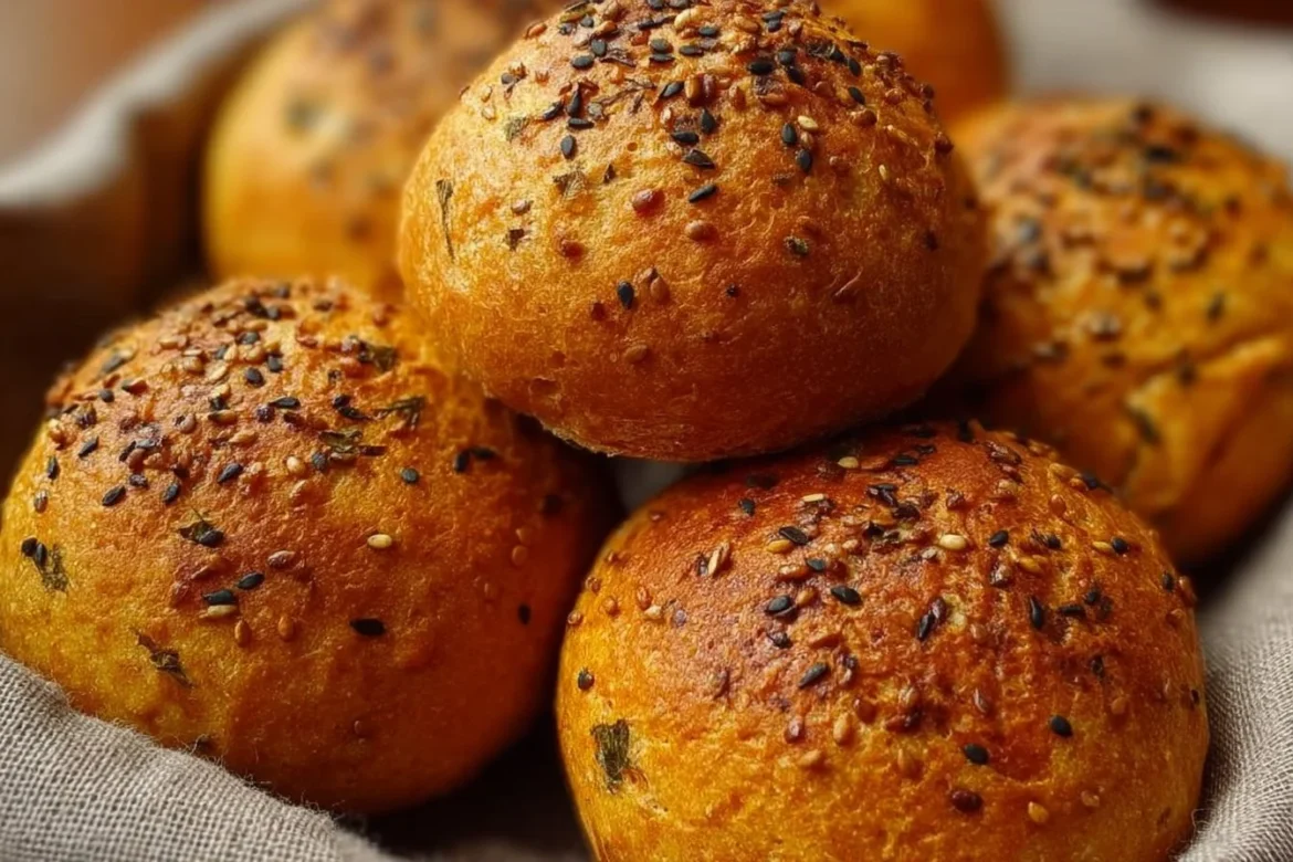 Freshly baked Red Lentil Bread Rolls on a wooden table