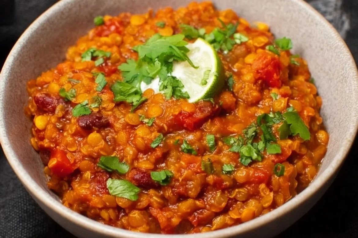 Bowl of hearty red lentil chili garnished with fresh herbs and spices