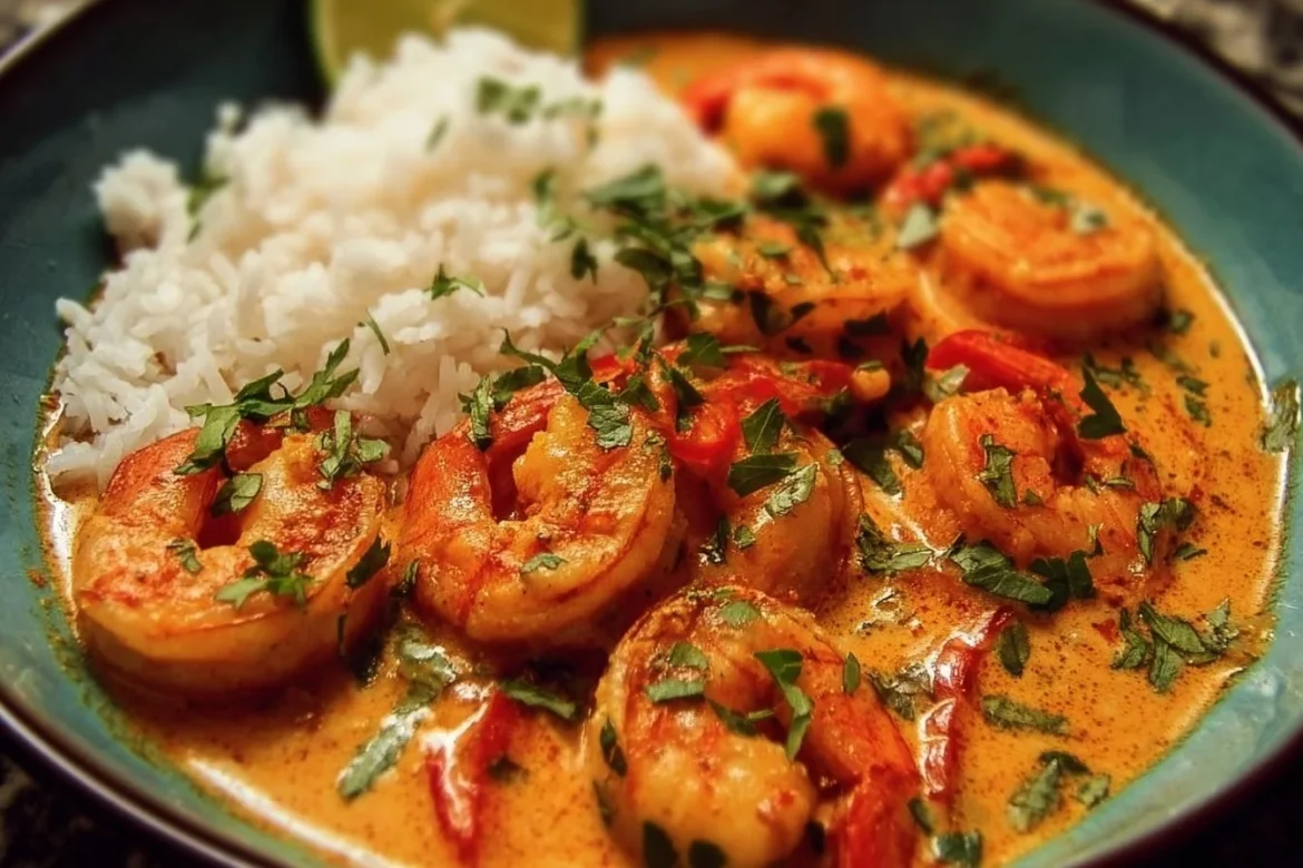 Delicious Red Thai Coconut Shrimp Curry served in a bowl with herbs