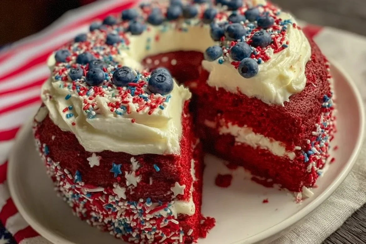 Festive Red Velvet 4th of July Cake with patriotic decorations