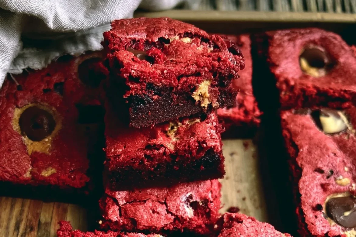 Delicious Red Velvet Brookies with a rich chocolate and red velvet swirl