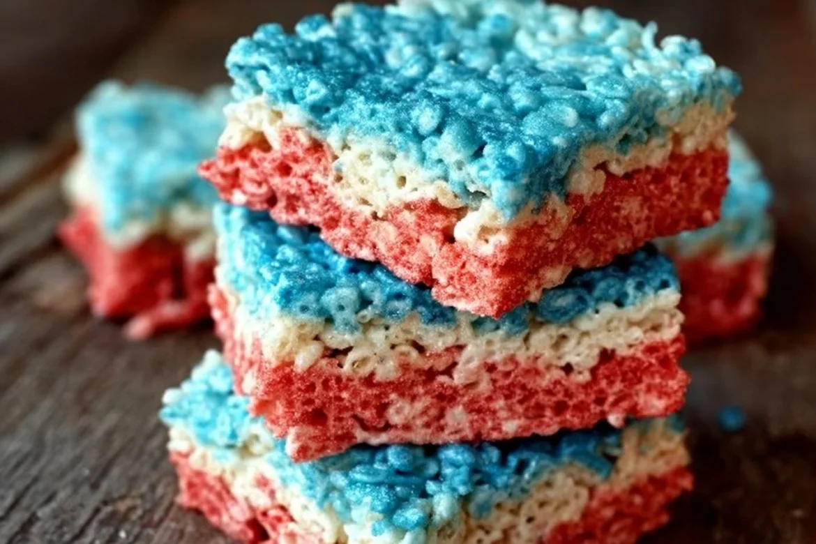 Festive red, white, and blue Rice Krispies Treats for celebrations
