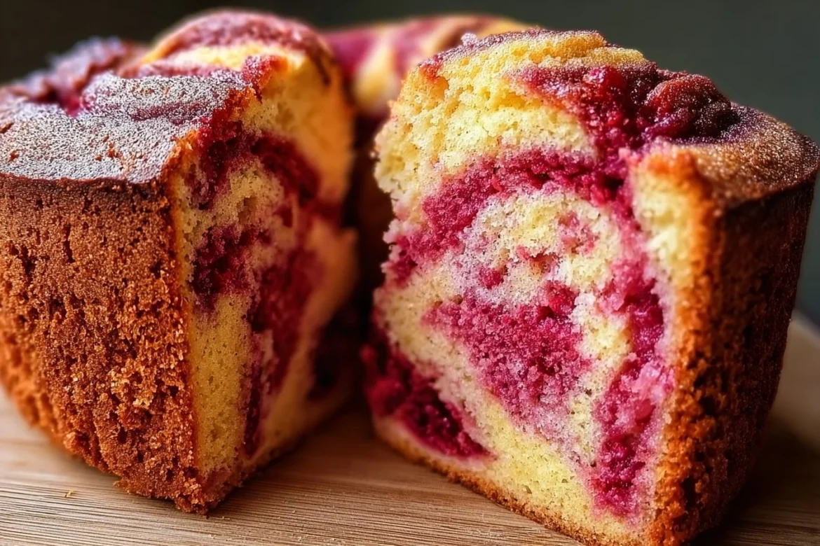 Slice of Rhubarb Raspberry Marble Cake with vibrant swirls