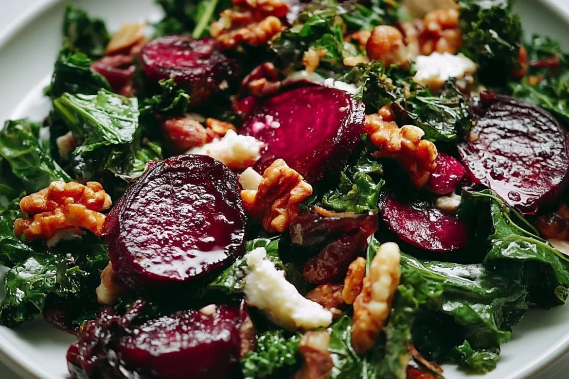 Roasted beet and kale salad with walnuts and feta cheese topping