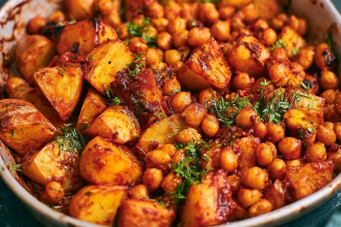 Roasted Gochujang Potatoes and Chickpeas served on a plate