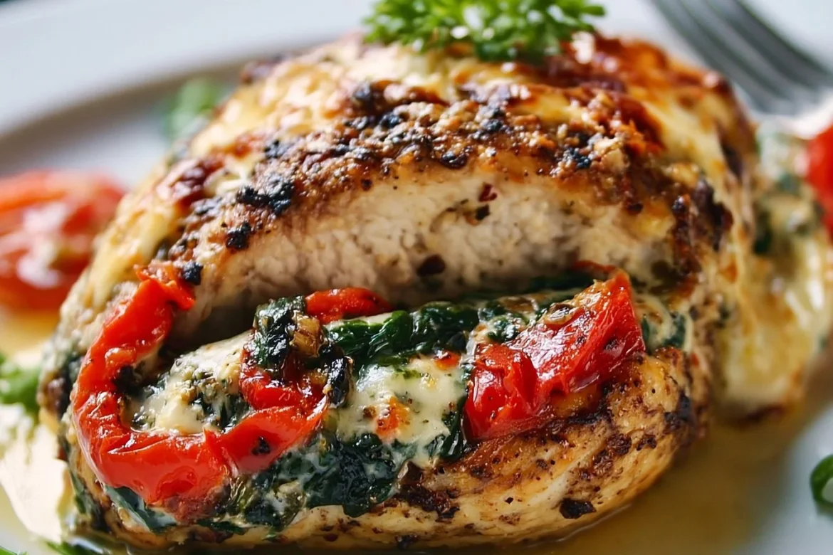 Roasted red pepper spinach mozzarella stuffed chicken dish garnished with herbs