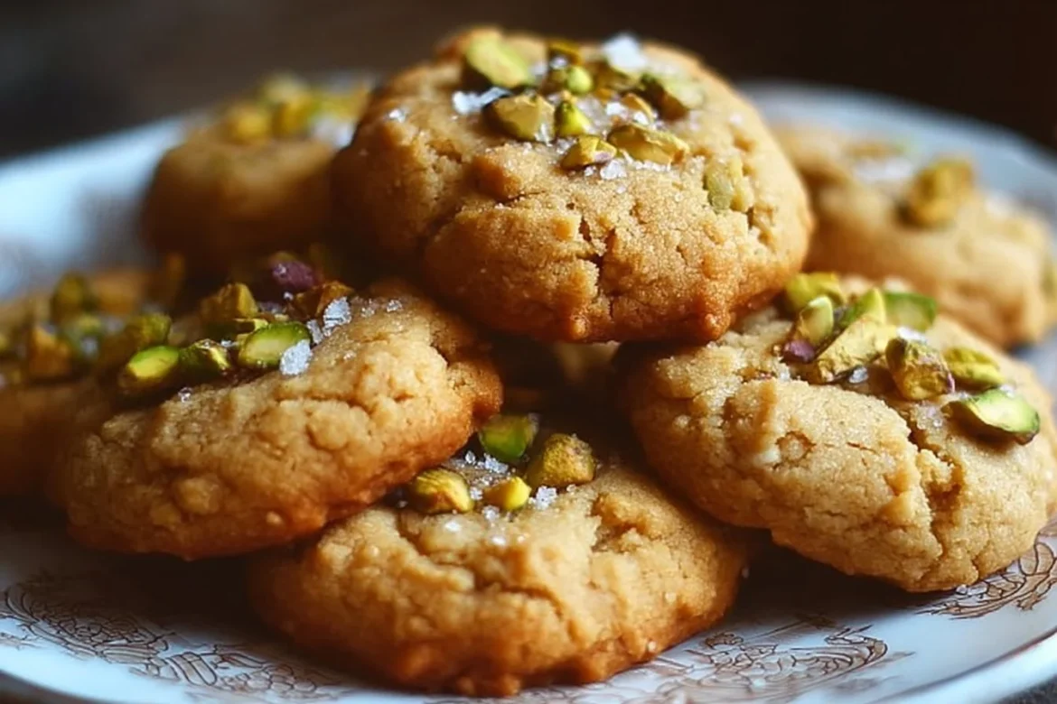 Delicious Salted Honey Pistachio Cookies on a plate with a sprinkle of nuts